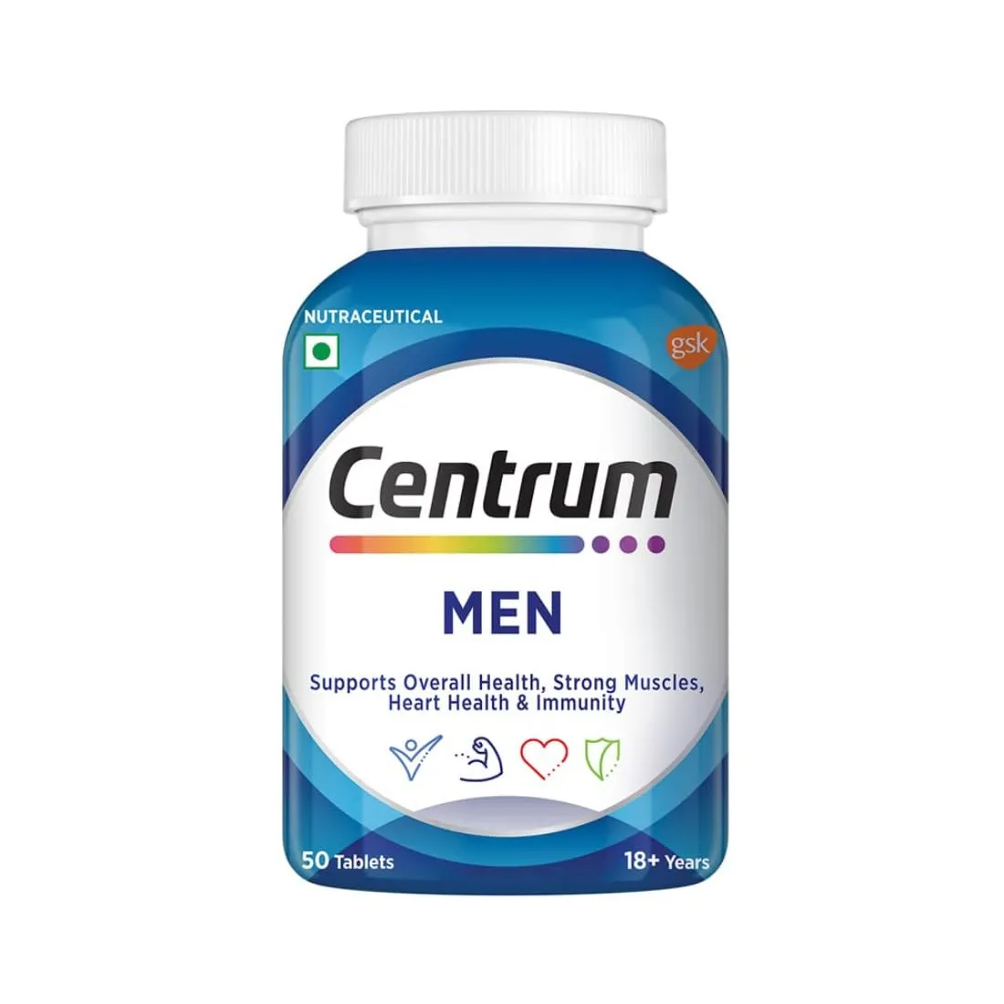 Centrum Men Tablet, World's No.1 Multivitamin with Grape seed extract, Vitamin C & 21 other nutrients for Overall Health, Strong Muscles & Immunity (Veg) 50s