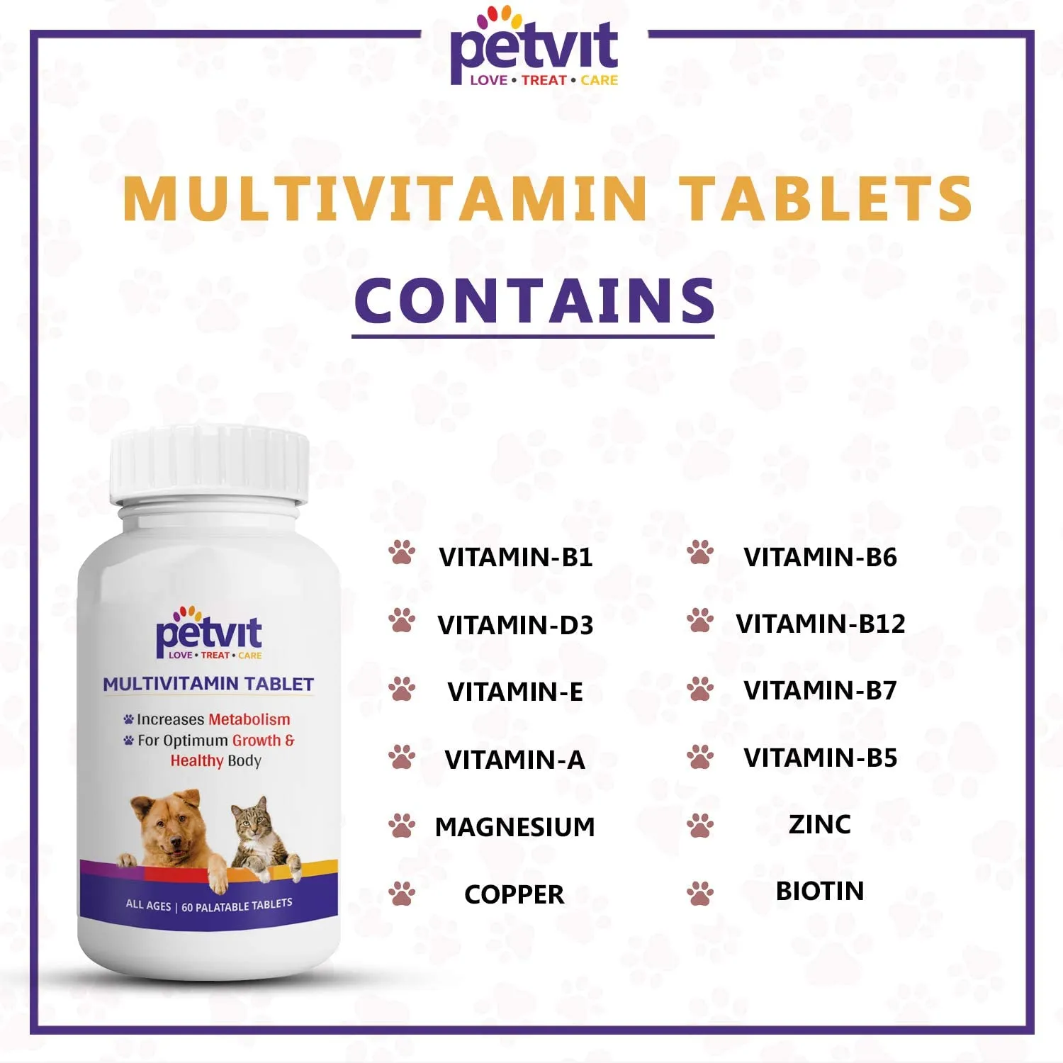 Petvit Multivitamin & Multimineral Supplement with 18 Ingredients for Skin-Coat, Joint Care, Digestion, Heart & Immunity for Dogs & Cats - 60 Palatable Chewable Tablets | for All Age Group