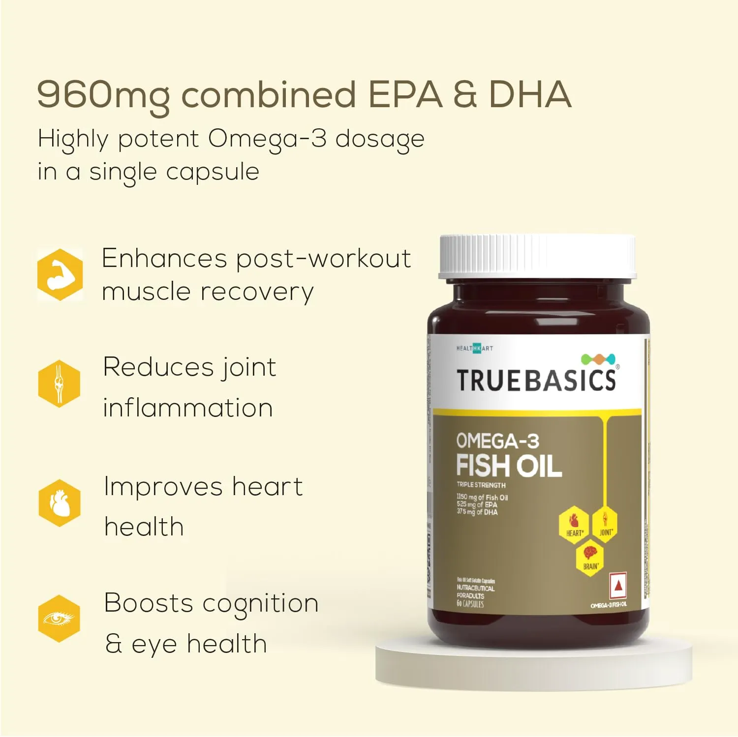 TrueBasics Omega 3 Fish Oil (60 Capsules) | Triple Strength with 1150mg Omega, 525mg EPA & 375mg DHA | For Healthy Heart, Eyes & Joints